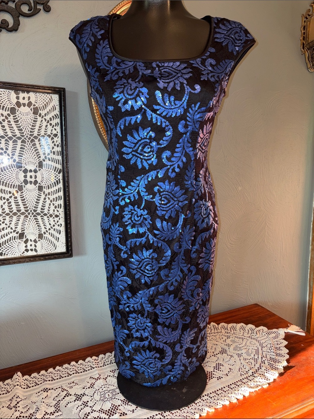 Alex Evenings Black Midi Dress with Blue Floral Embroidery